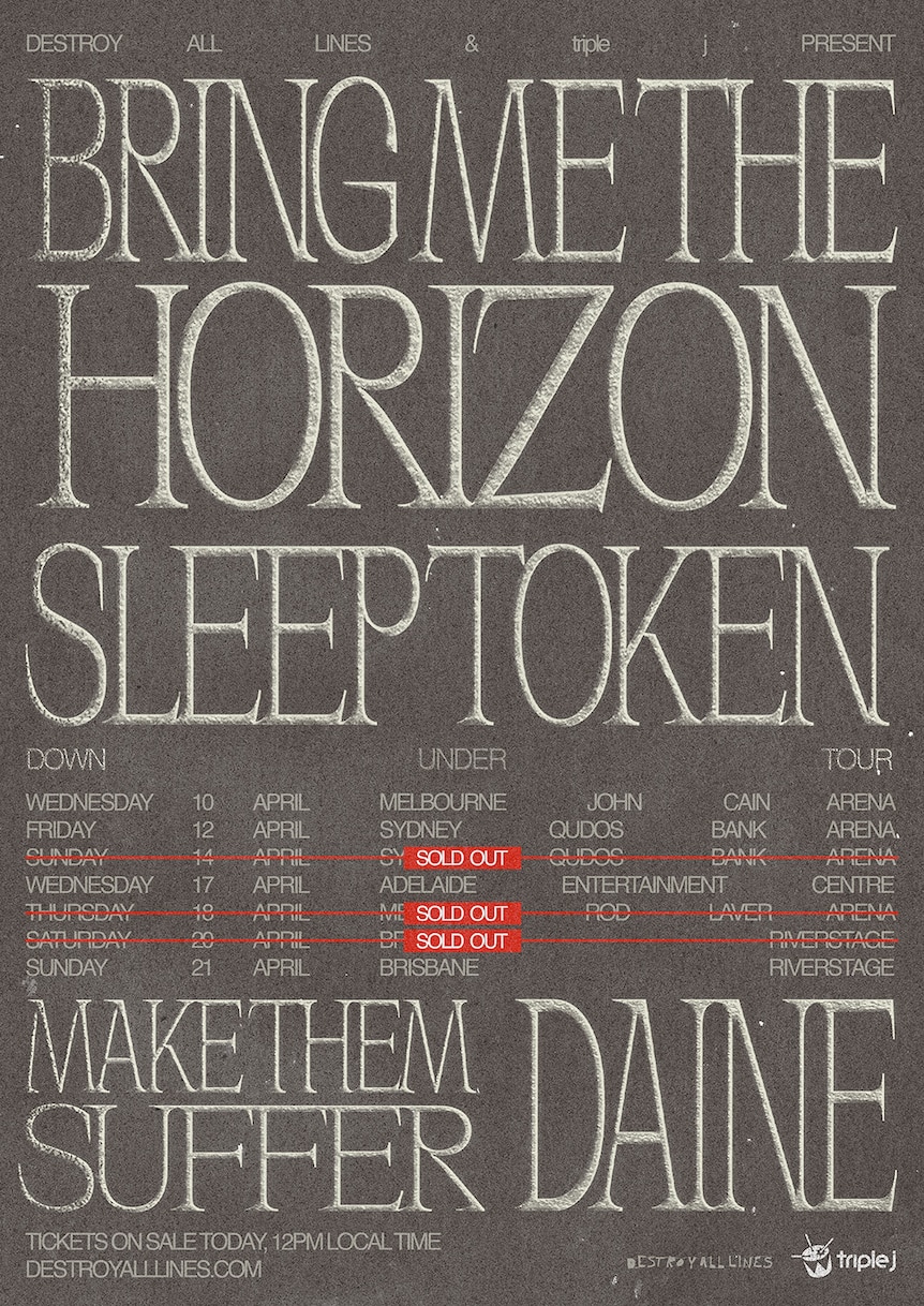 Greyscale tour poster for Bring Me The Horizon with multiple dates crossed out in red.
