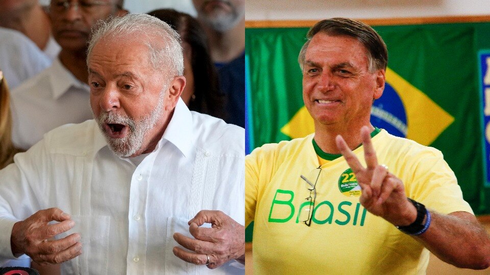 A composite image of Luiz In&aacute;cio Lula da Silva and Jair Bolsonaro, campaigning
