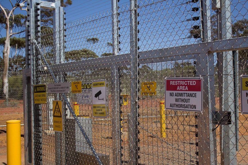 The remotely-operated front gate of the NBN ground tracking station outside of Kalgoorlie-Boulder.