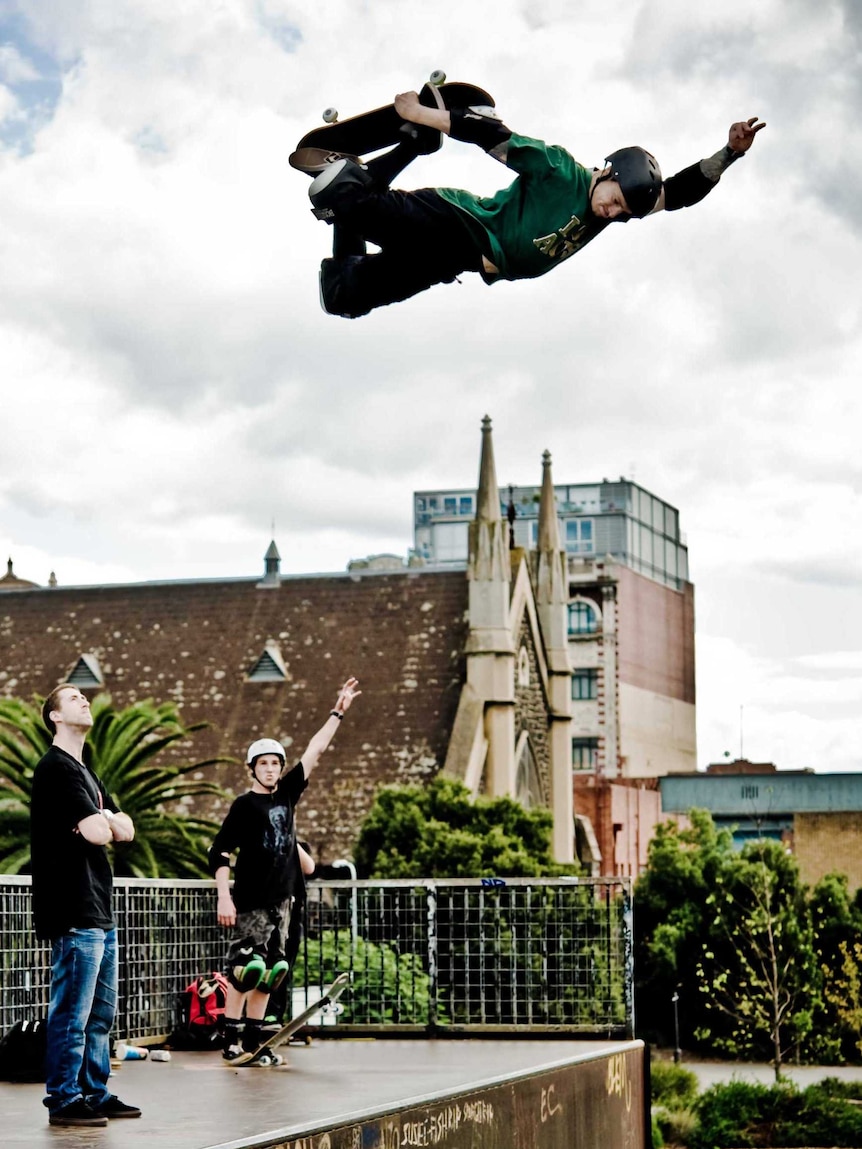 World champion skateboarder Tas Pappas on his board above the Prahrahn Ramp in Melbourne.