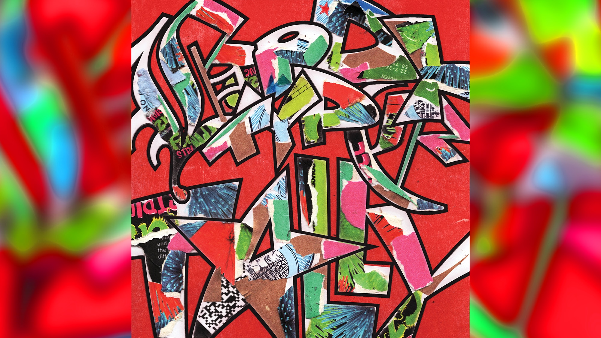 Red backdrop with graffiti-style text reading: Body Type Tally, through letters can see colour collage and graphics