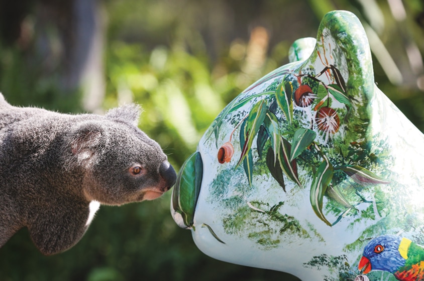 Koala saying hello to a koala sculpture.