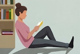 An illustration of a woman reading a book while leaning against a book case.