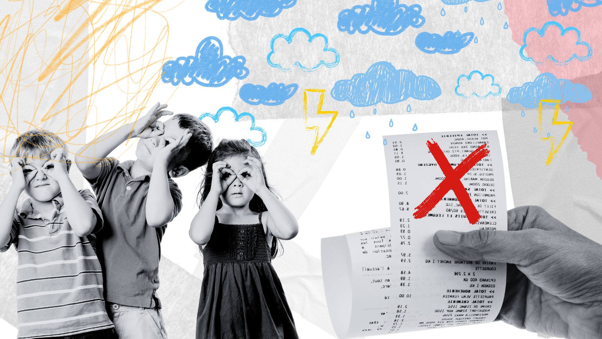 A generic graphic showing three cute kids playing next to someone holding a receipt.