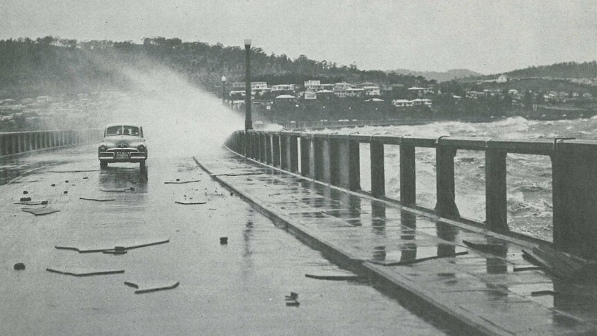 Stormy weather batters the Hobart floating bridge