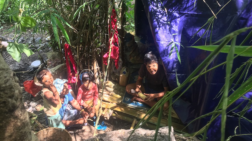 An adult and two children with faces obscured sit beneath an improvised shelter in a bamboo forest.