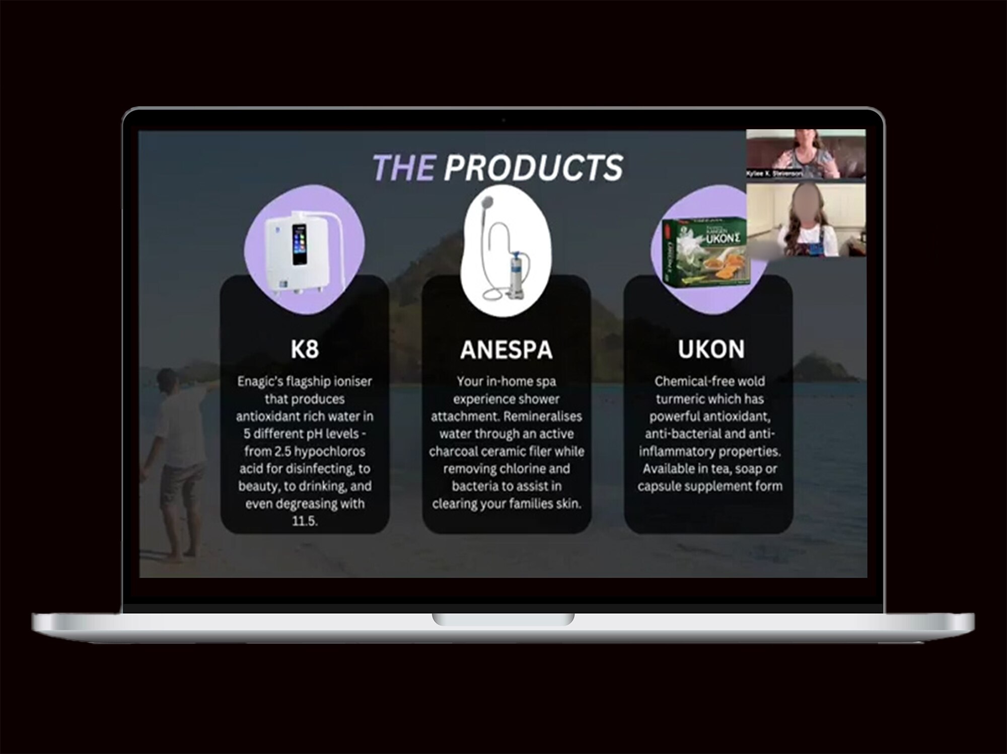 A presentation slide showing the Kangen water ioniser, the ANESPA and Ukon. 