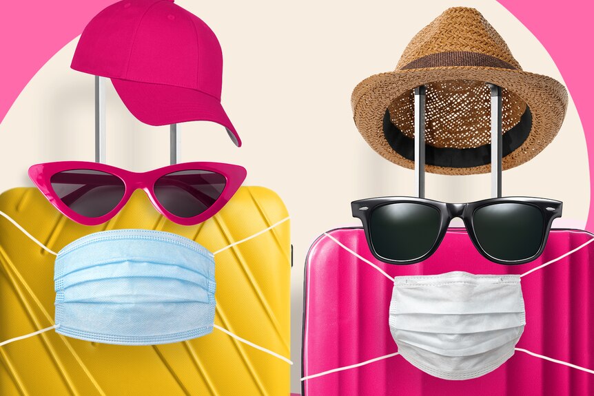 Two suitcases wear a mask, sunnies, and a hat.
