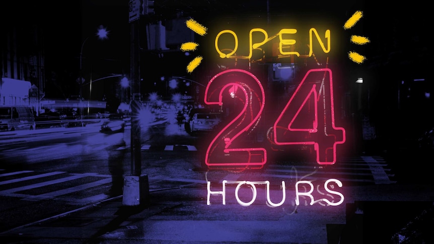 "Open 24 hours" lit up in pink and white neon lights to depict shift work pressures.