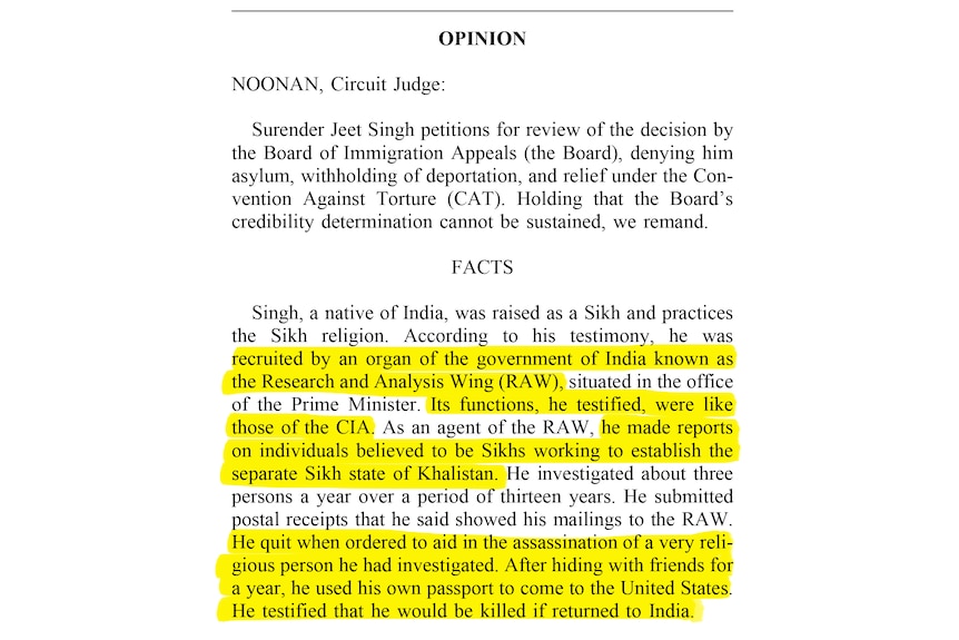 A page of highlighted text "recruited by an organ of the government of India known as the Research and Analysis Wing"