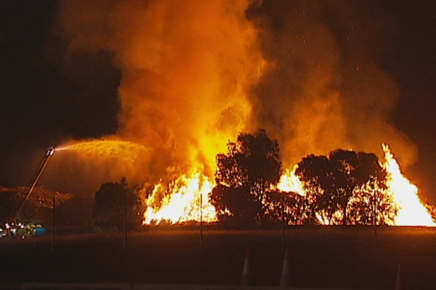 A huge rubbish fire burning during the night at Somerton, in Melbourne's north