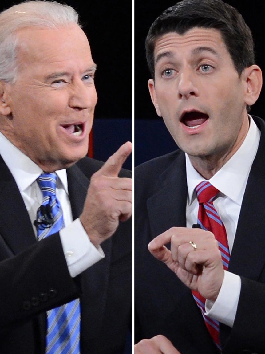LtoR Joe Biden and Paul Ryan speak at the vice presidential debate.
