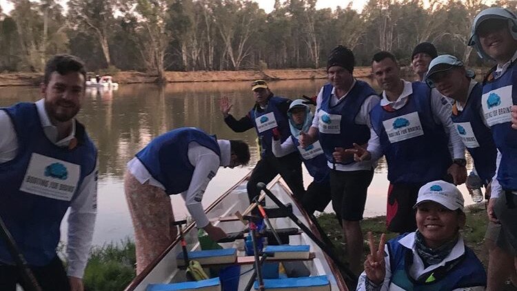 Boating for Brains crew in Bearii on the banks of the Murray River getting the boat ready for day two of their six day expeditio