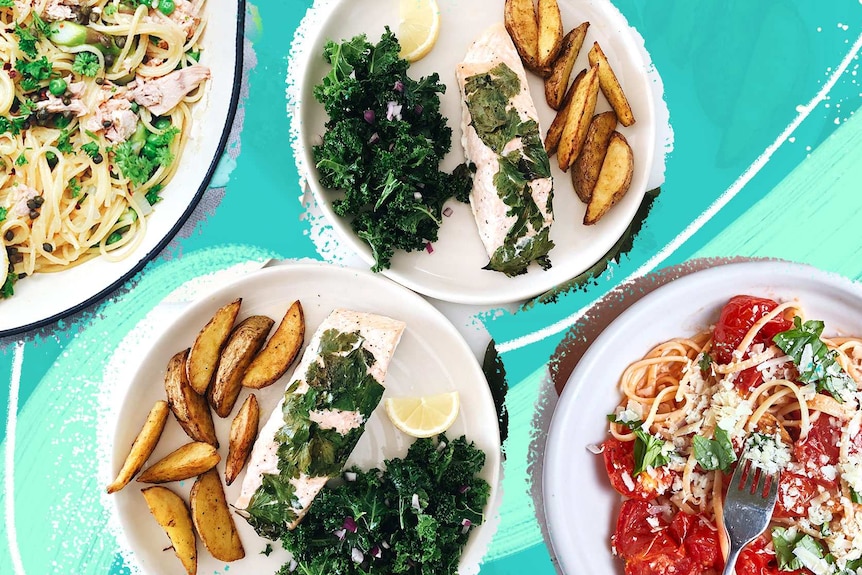 A collage of food on white plates on turquoise background