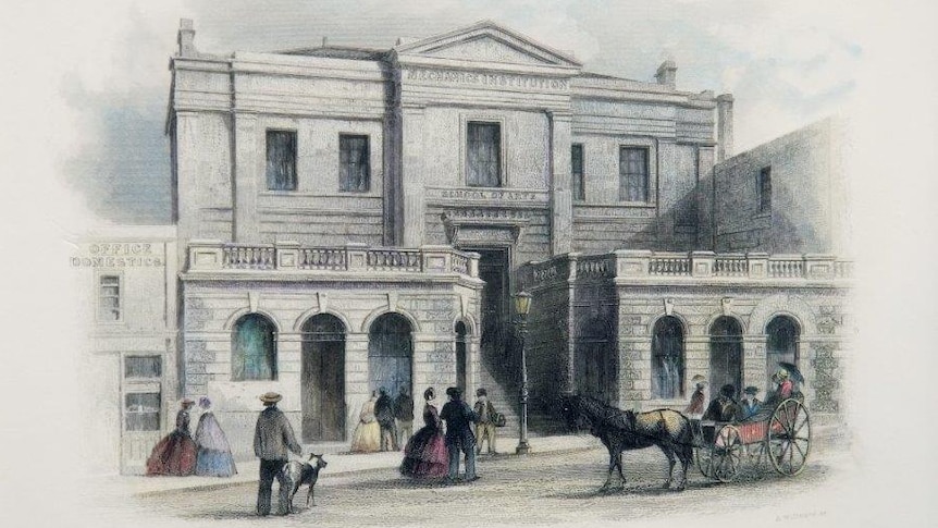 A shaded line drawing of a large stone building, people, dog and horse-drawn carriage.