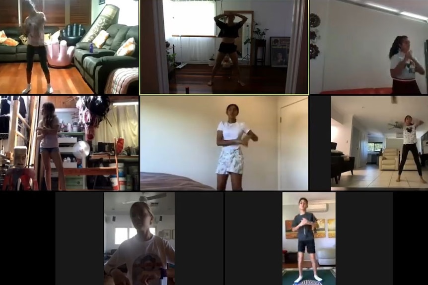 Snapshots of several participants dancing via Zoom online in their homes.
