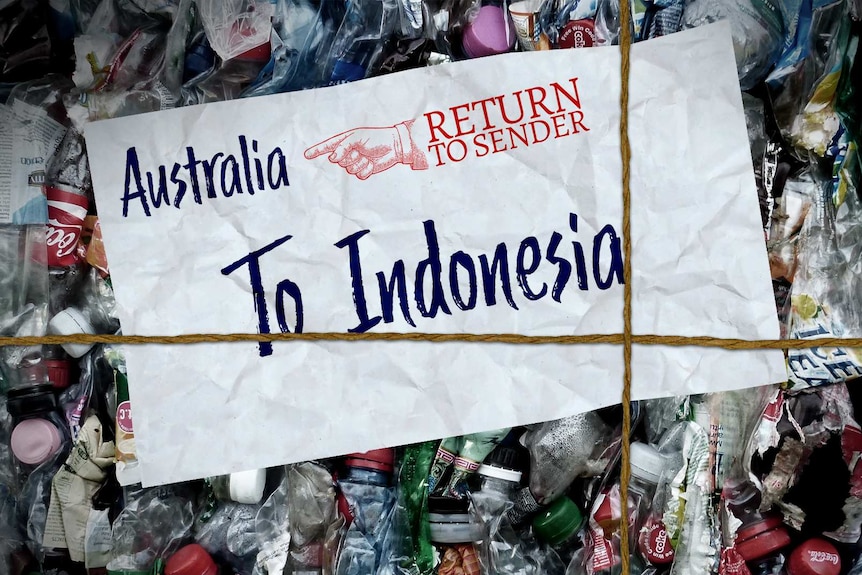 An illustration of packed rubbish saying Australia to Indonesia, return to sender