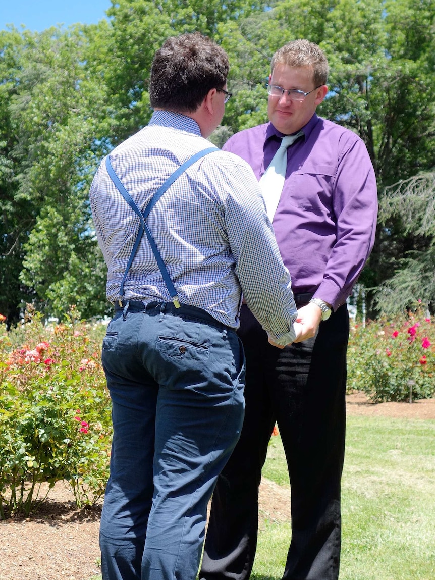 Ulises Garcia and Craig Berry get married under the ACT's same-sex marriage laws. Taken December 07, 2013.