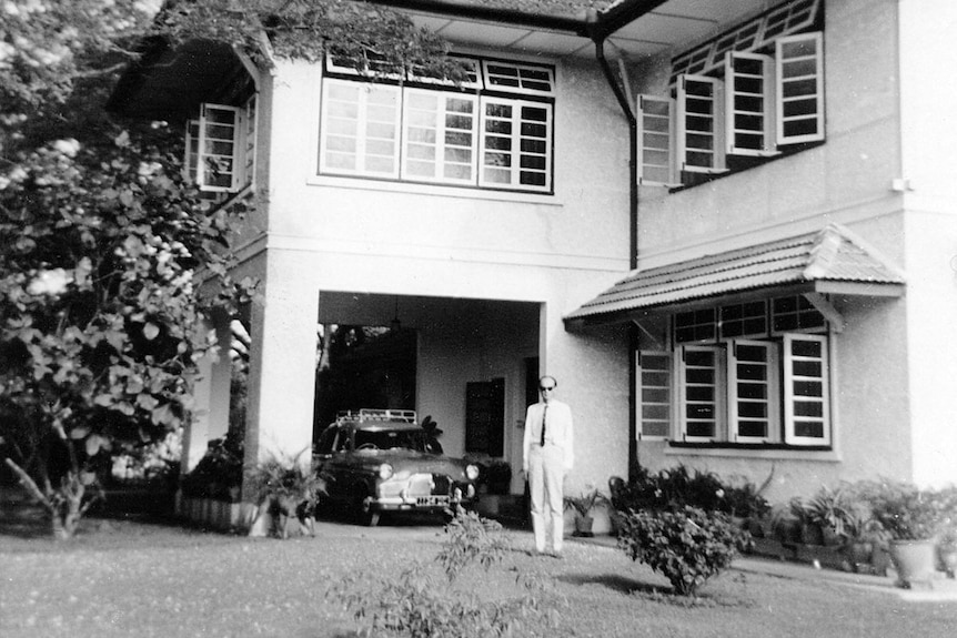 Mark Colvin's father outside the family house in Kuala Lumpur.