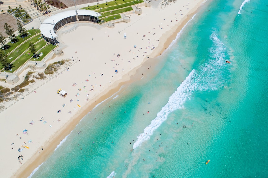 An aerial shot of a sunny summer day at Perth's Scarborough Beach