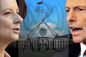 Julia Gillard and Tony Abbott face off across Parliament House (AAP/ABC)