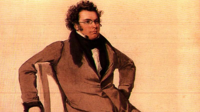 A watercolour portrait of composer Franz Schubert reclining in a chair.