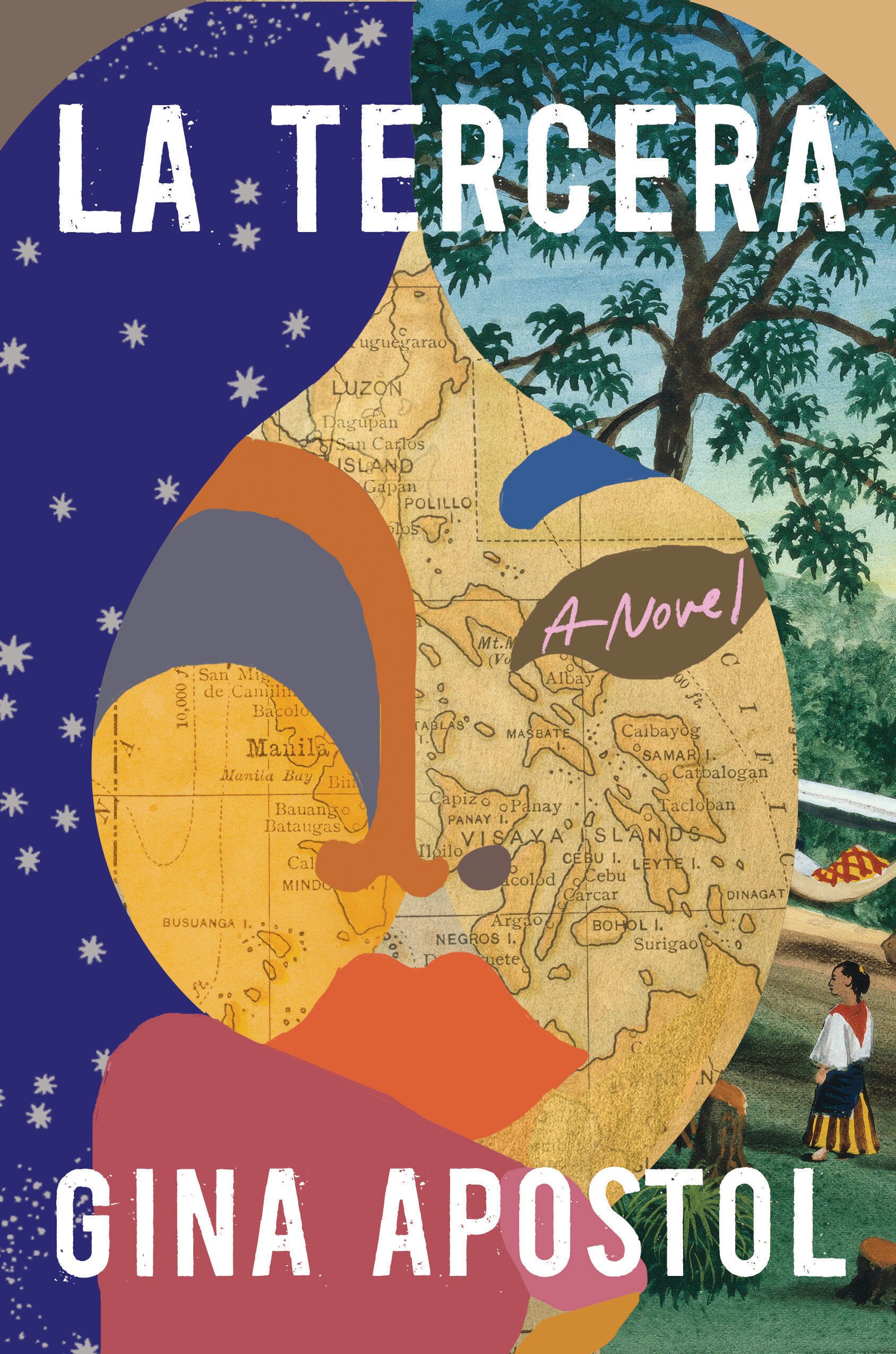 A book cover showing a stylised illustration of a woman's face comprised of a map, an outdoor scene and a nightsky