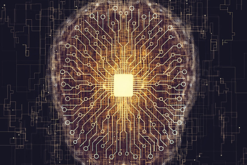 A conceptual illustration of a chip in a brain.
