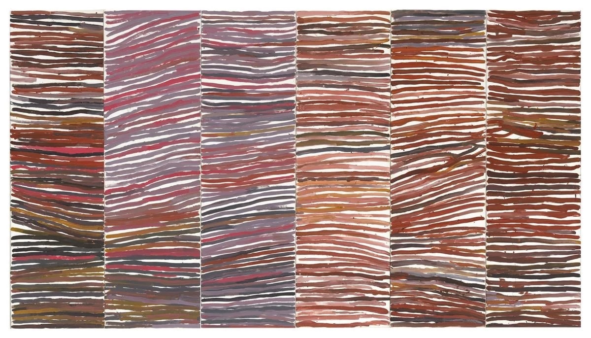 The painting features six rows of repeated, imperfect vertical lines, in earthy colours