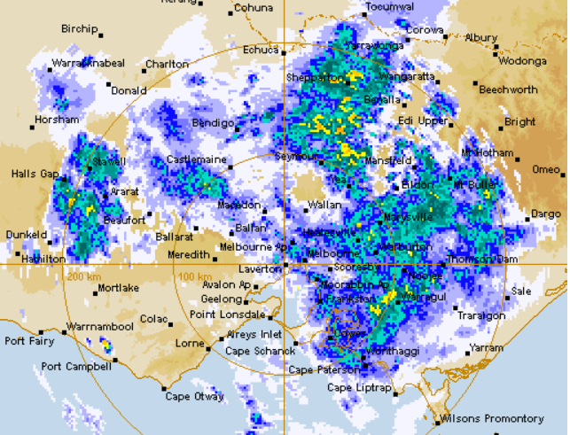 A rain radar image showing rainfall across most of Victoria