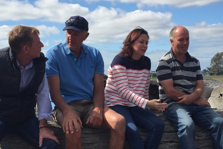 Three men and a woman sit on a low wall on a cloudy day in the countryside.