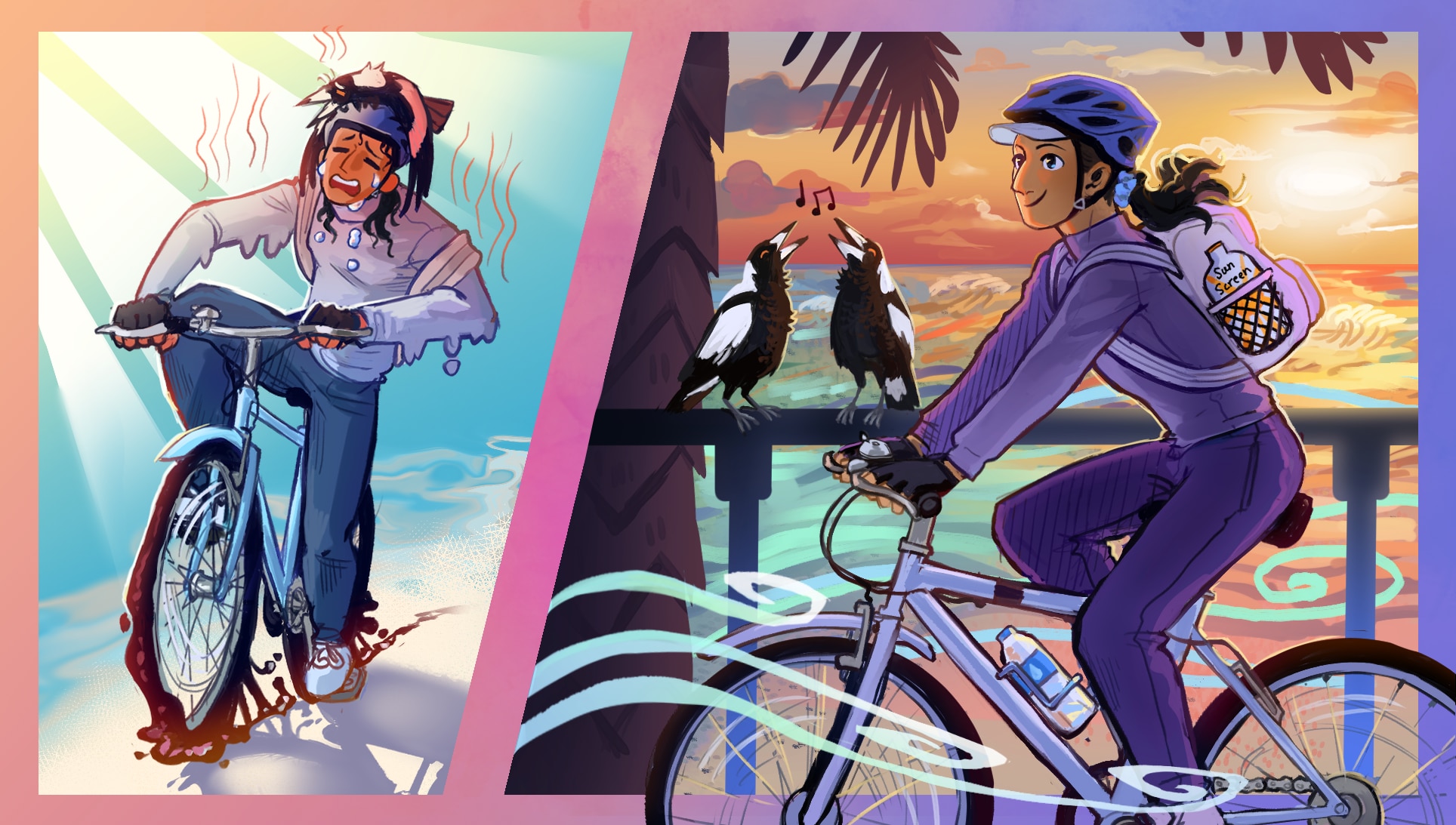 A drawing of a cyclist suffering from heat illness on the left and on the right a cyclist who is happy and hydrated