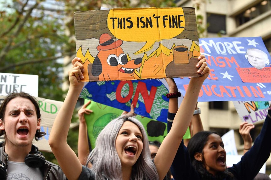 A young woman holding a sign that reads "this isn't fine", featuring a cartoon dog sitting in a burning room.