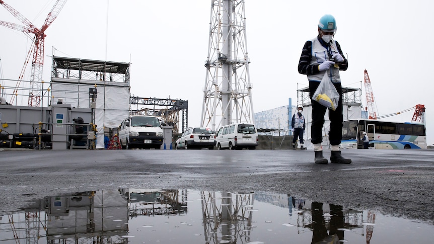 A person in protective clothing and a blue helmet looks at a device in their hands while standing in an industrial car park.