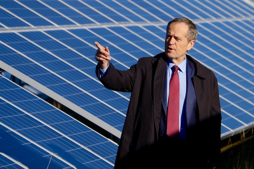 Bill Shorten stands in front of solar panels.