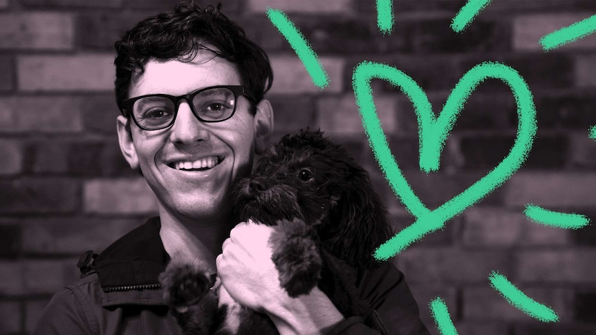 A black and white image of a man holding his dog next to an illustrated heart for a story about getting pet insurance.