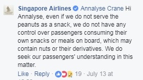 Singapore Airlines responds to people on its Facebook page about serving peanuts on flights.