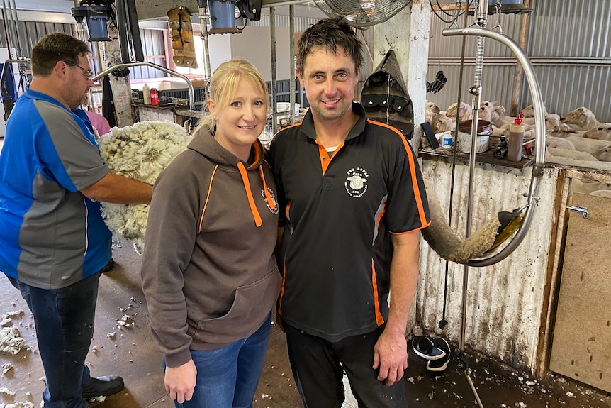 A woman and a man standing in a sheep shearing shed where the sheep are being sheared behind them.