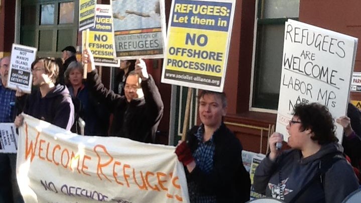Protesters supporting asylum seekers gather outside the Labor Caucus meeting in Balmain.