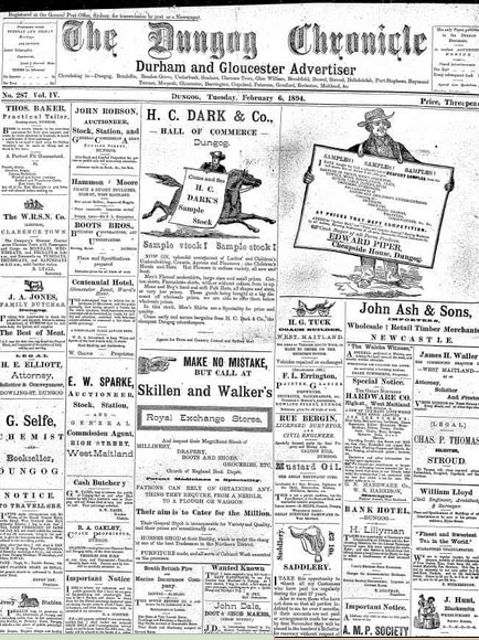 A front page of the Dungog Chronicle from the 1890s.