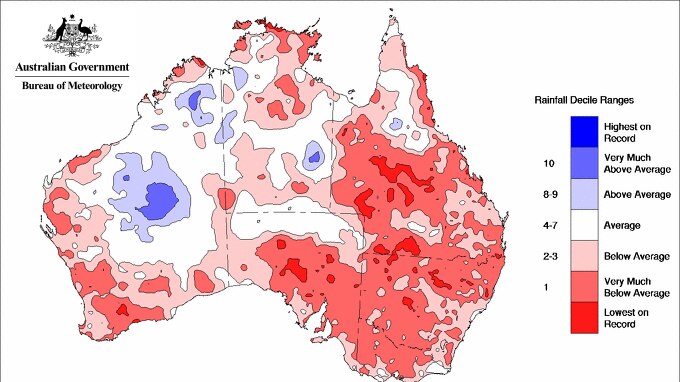 Map of Australia showing record low rainfall in 2002