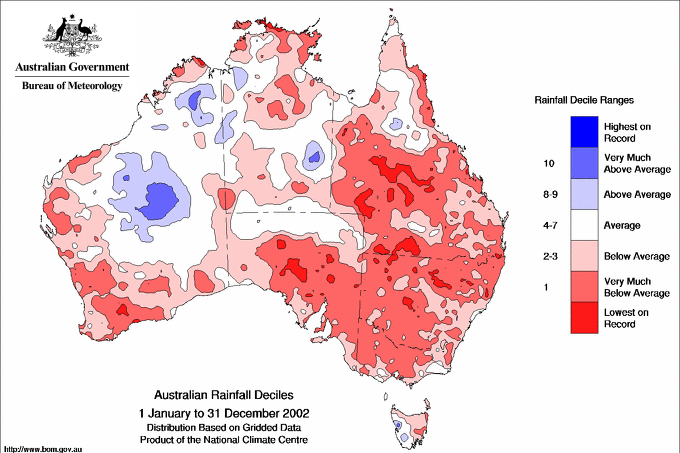 Map of Australia showing record low rainfall in 2002