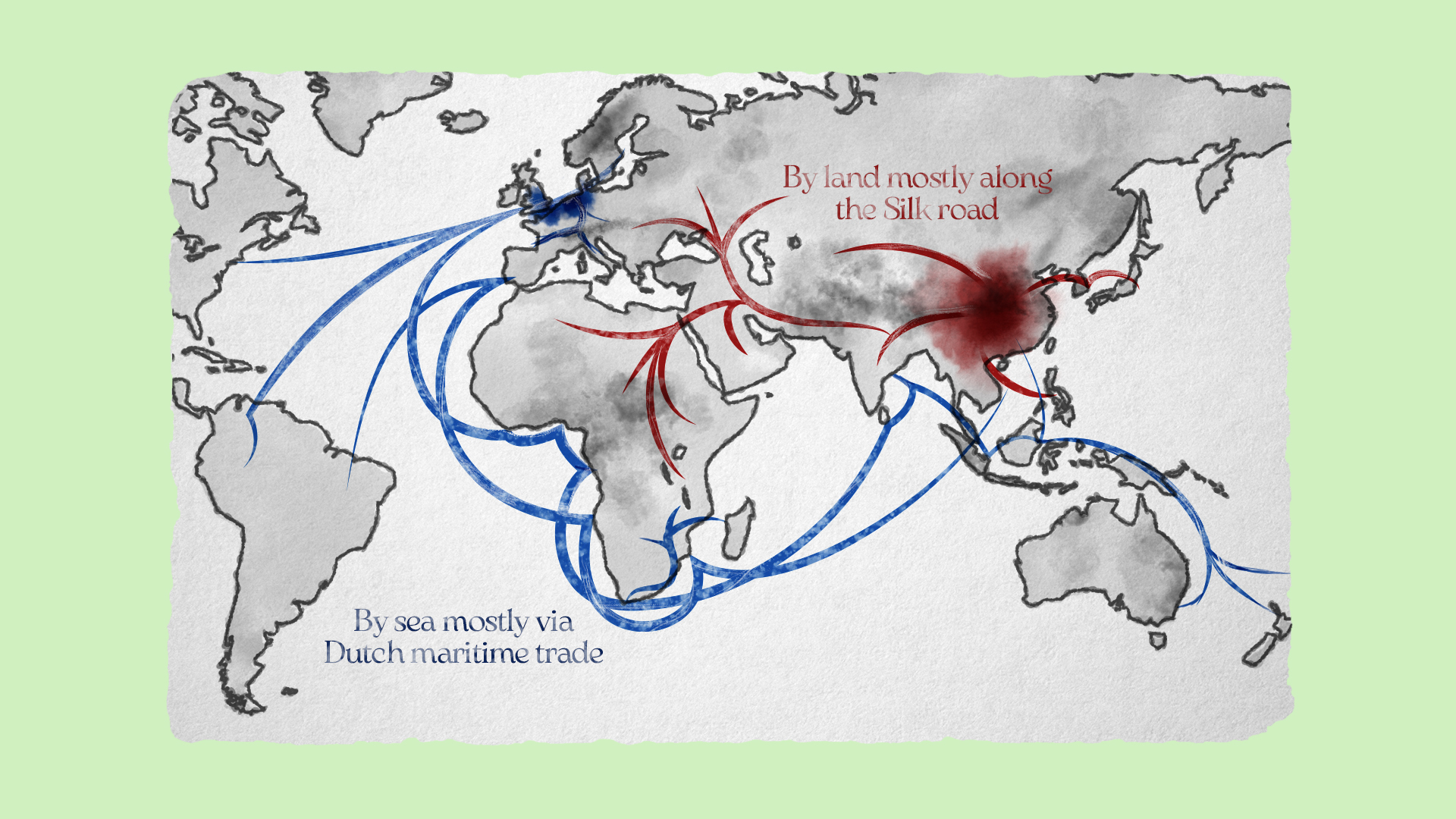 An illustration showing tea's journey out of China. Exported through Asia and across the world.
