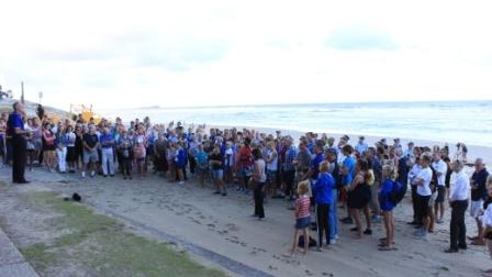 Former president of Maroochydore Surf Life Saving Club, Mike Dwyer, speaks at memorial service for Matthew Barclay.