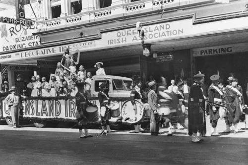 St. Patricks Day float in front of the Queensland Irish Association building in Brisbane 1938.