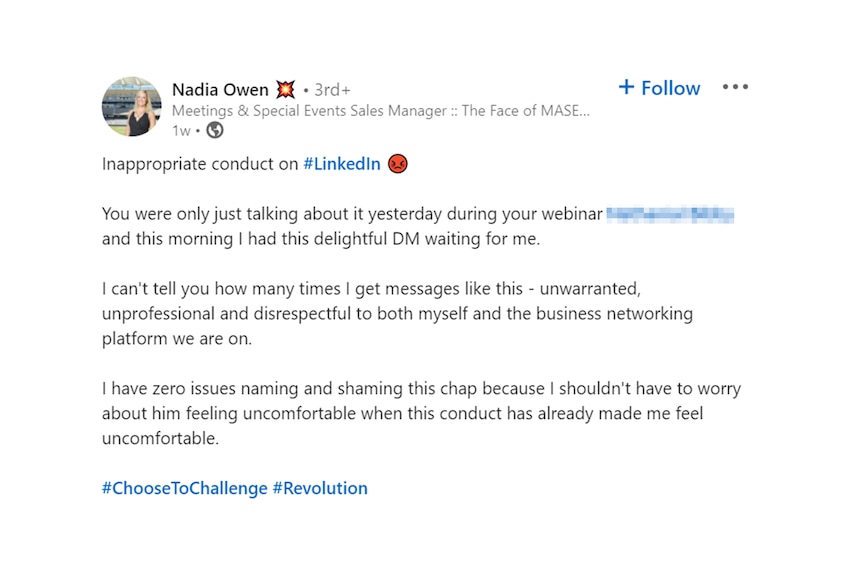 Nadia posting about her experience of receiving "unprofessional and disrespectful" messages on LinkedIn