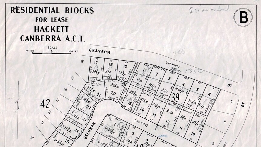 An old black and white map of the suburb of Hackett in Canberra