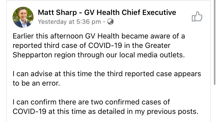 Screen shot of Facebook post from GV Health CEO Matt Sharp