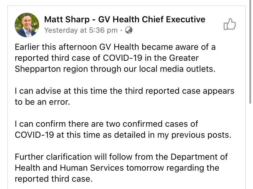 Screen shot of Facebook post from GV Health CEO Matt Sharp