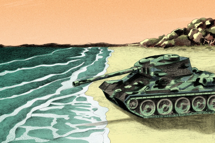 An illustration of a tank on a beach pointing toward the sea.